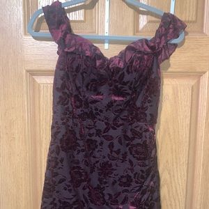 beautiful burgundy formal dress with velvet flowers